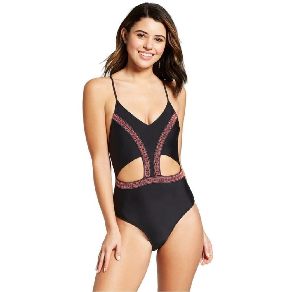 XHILARATION | Women’s Black Cut Out One Piece Open Back Swimsuit Bathing…